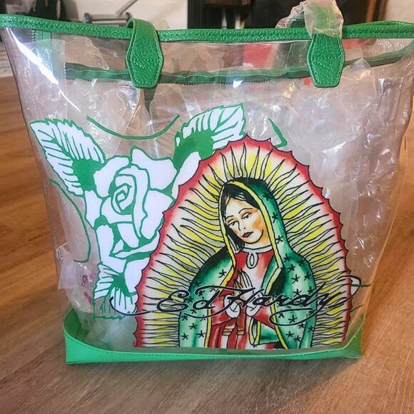 Ed Hardy Virgin Mary Clear Tote Bag - Green PVC - NWT - Picture 2 of 3